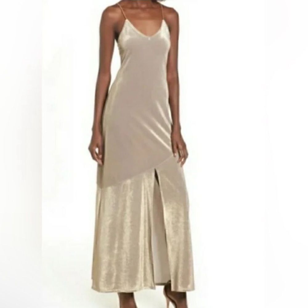Leith Beige Metalic High Slit Maxi Dress(Size Medium)